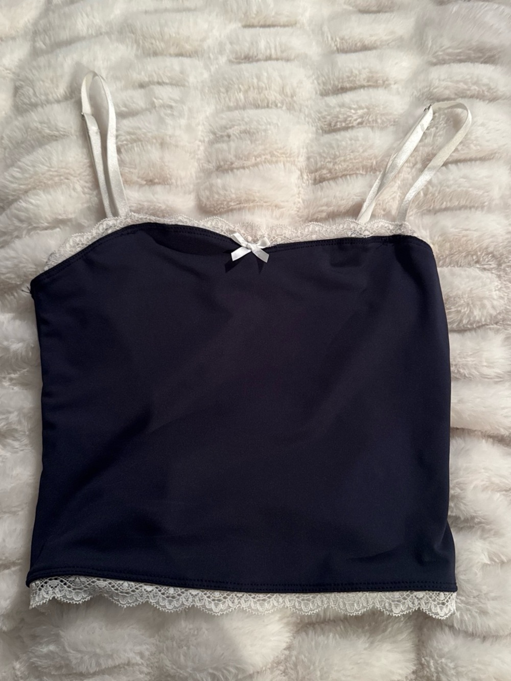 Edikted Navy Crop Cami with White Lace Trim